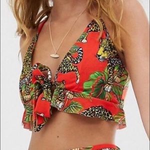 EUC ASOS Red Tie Front Crop Top with Tigers